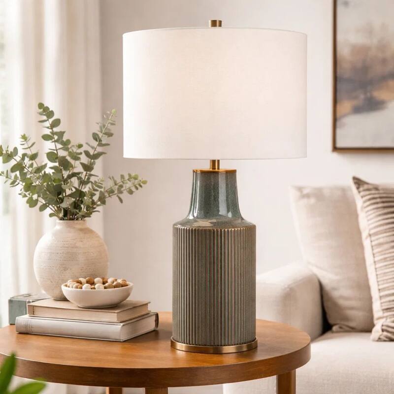 Table Lamp, White Linen Shade, Ribbed Ceramic Base, Blue Green 27 Inch