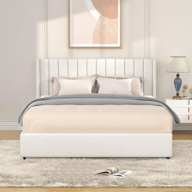 Ivory Upholstered Platform Bed with 4 Drawers Storage, Queen Size