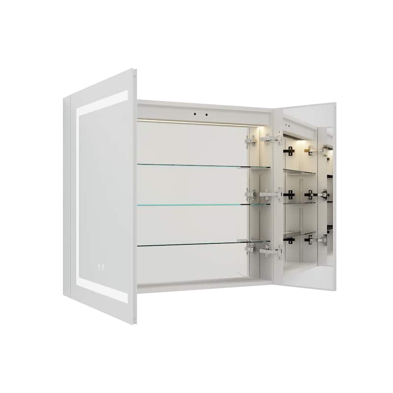 30" H Recessed or Surface LED Mirror Cabinet with Adjustable Glass Shelves,Defogger, Dimmer And Outlets & USB Ports