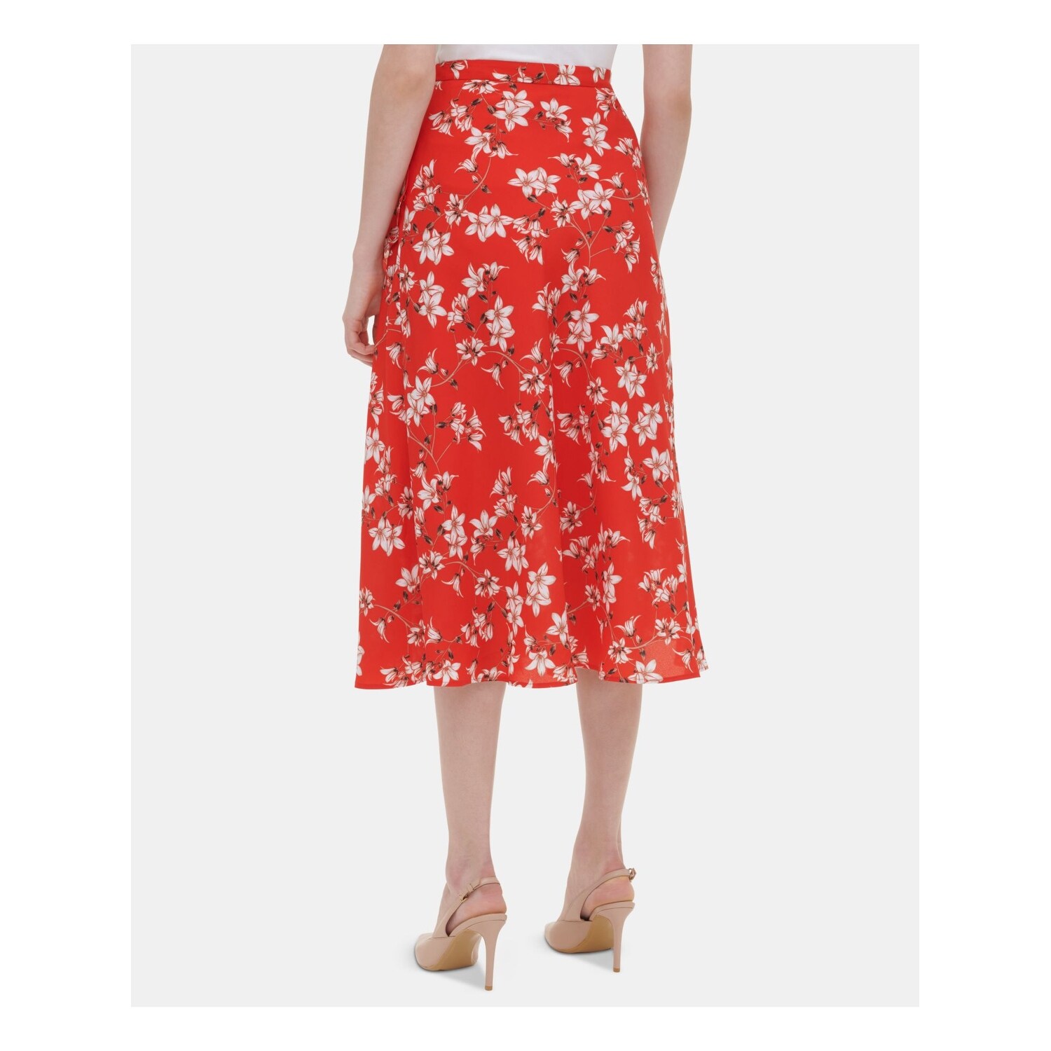 red floral midi skirt