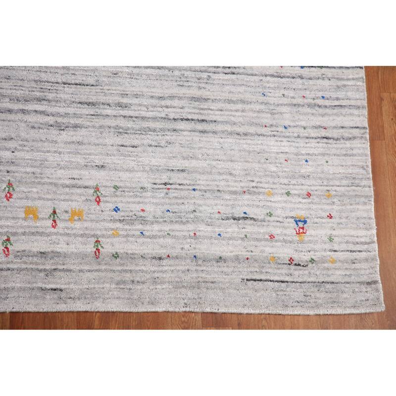 Silver Gray Striped Gabbeh Oriental Area Rug Handmade Wool Carpet - 9'0" x 12'0"