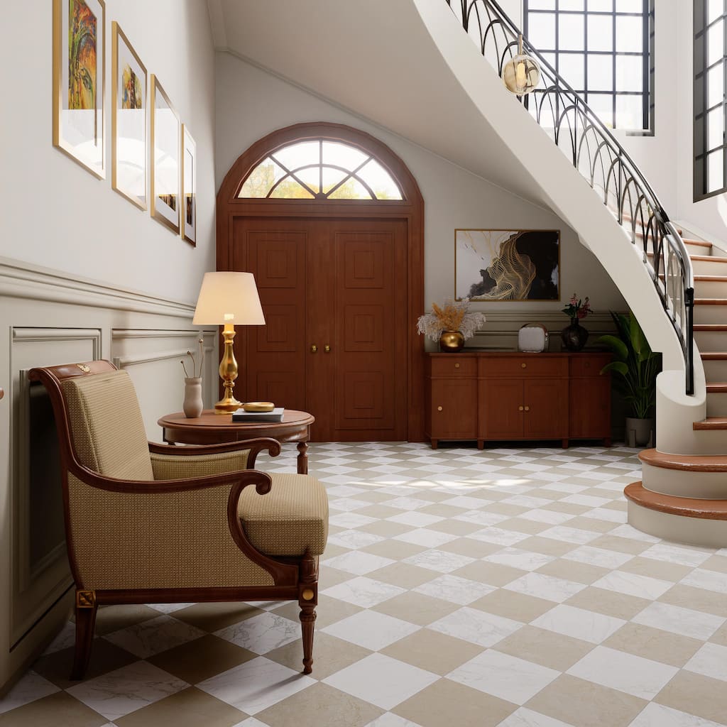 Merola Tile Reve Checker Blanc with Beige 11-3/4" x 11-3/4" Porcelain Floor and Wall Tile