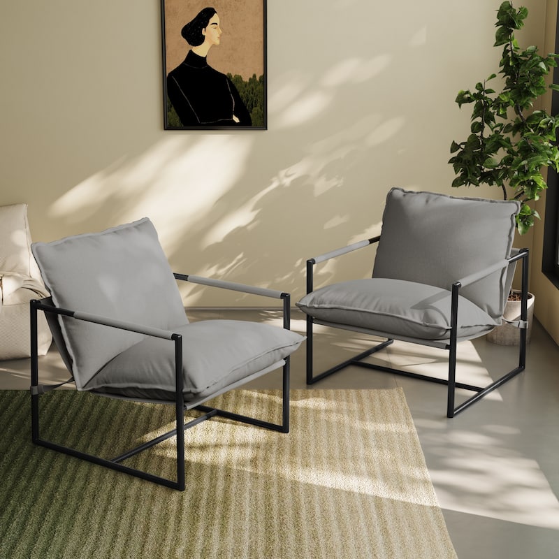 Modern Metal Frame Upholstered Sling Accent Armchair Set of 2