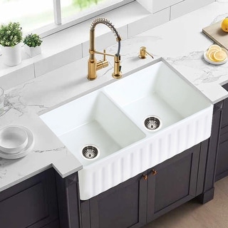 DORNBERG 33" L X 18" W Double Basin Farmhouse Kitchen Sink with Basket Strainer