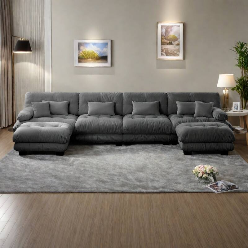 173.2" Chenille Modular 4-Seater U-Shaped Cloud Sectional Sofa with 2 Ottomans - Gray