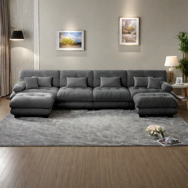 173.2" Chenille Modular 4-Seater U-Shaped Cloud Sectional Sofa with 2 Ottomans
