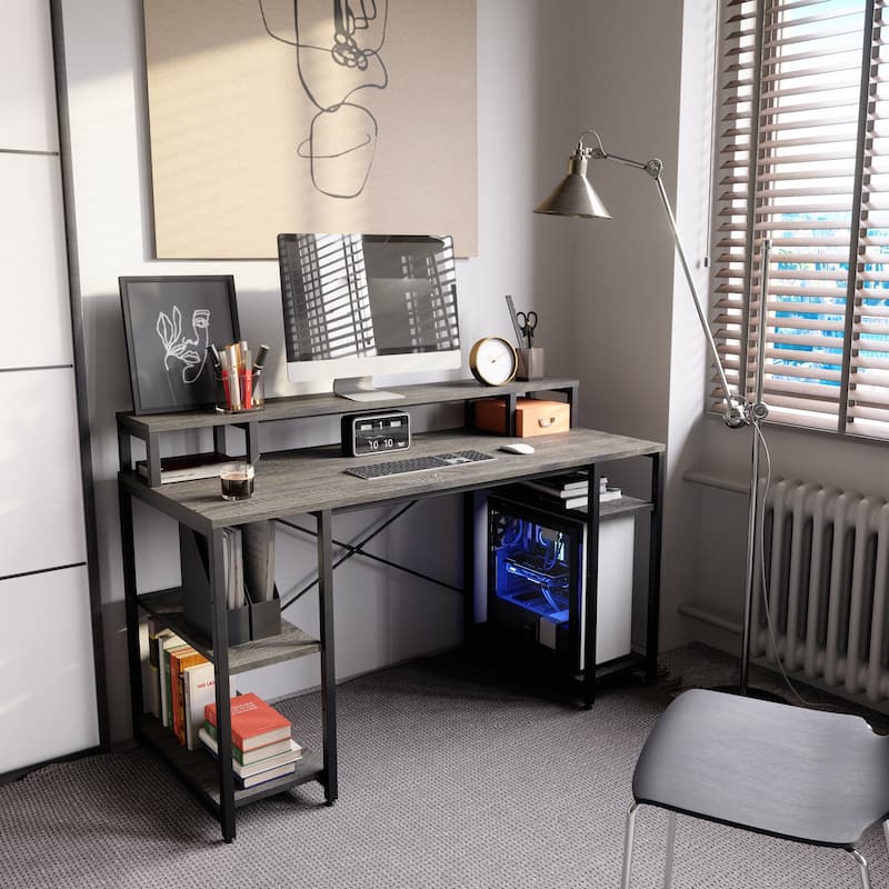 55 Inch Dual Monitor Computer Desk with Adjustable Shelves - Charcoal