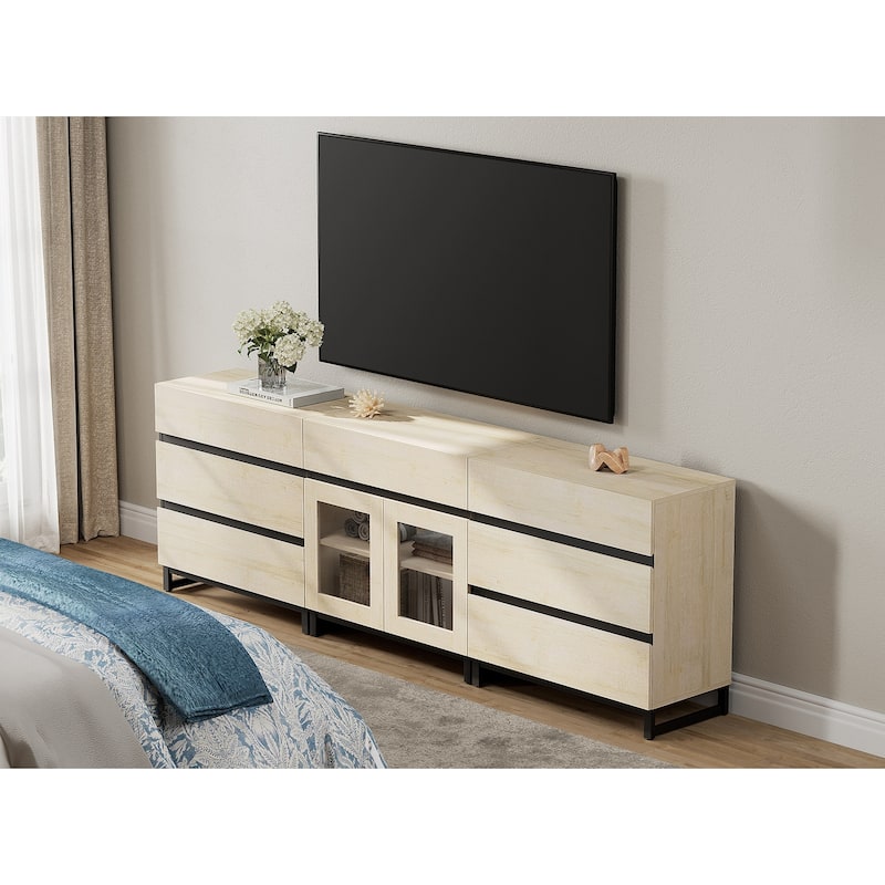Modern TV Stand for Tvs Up to 100 Inch, 3 In 1 TV Console with Glass Doors and 7 Drawers for Living Room, Bedroom