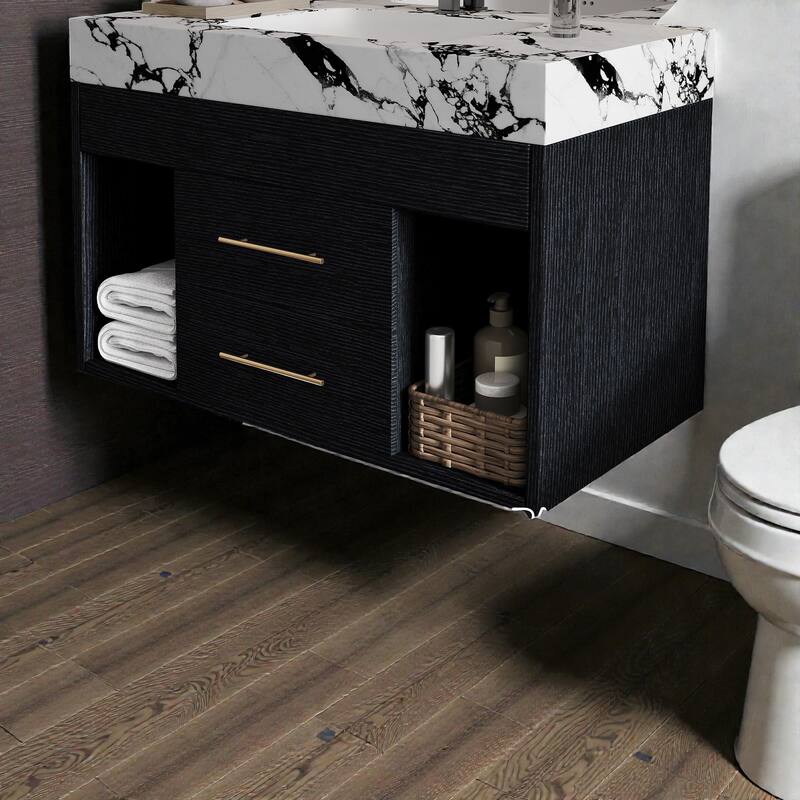 29.9" Floating Bathroom Vanity with Bulgari White Sintered Stone Top, Ceramic Undermount Sink & Storage