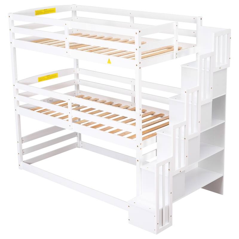 Triple Bunk Bed with Storage Stairs, Twin Size, White, Separate Design