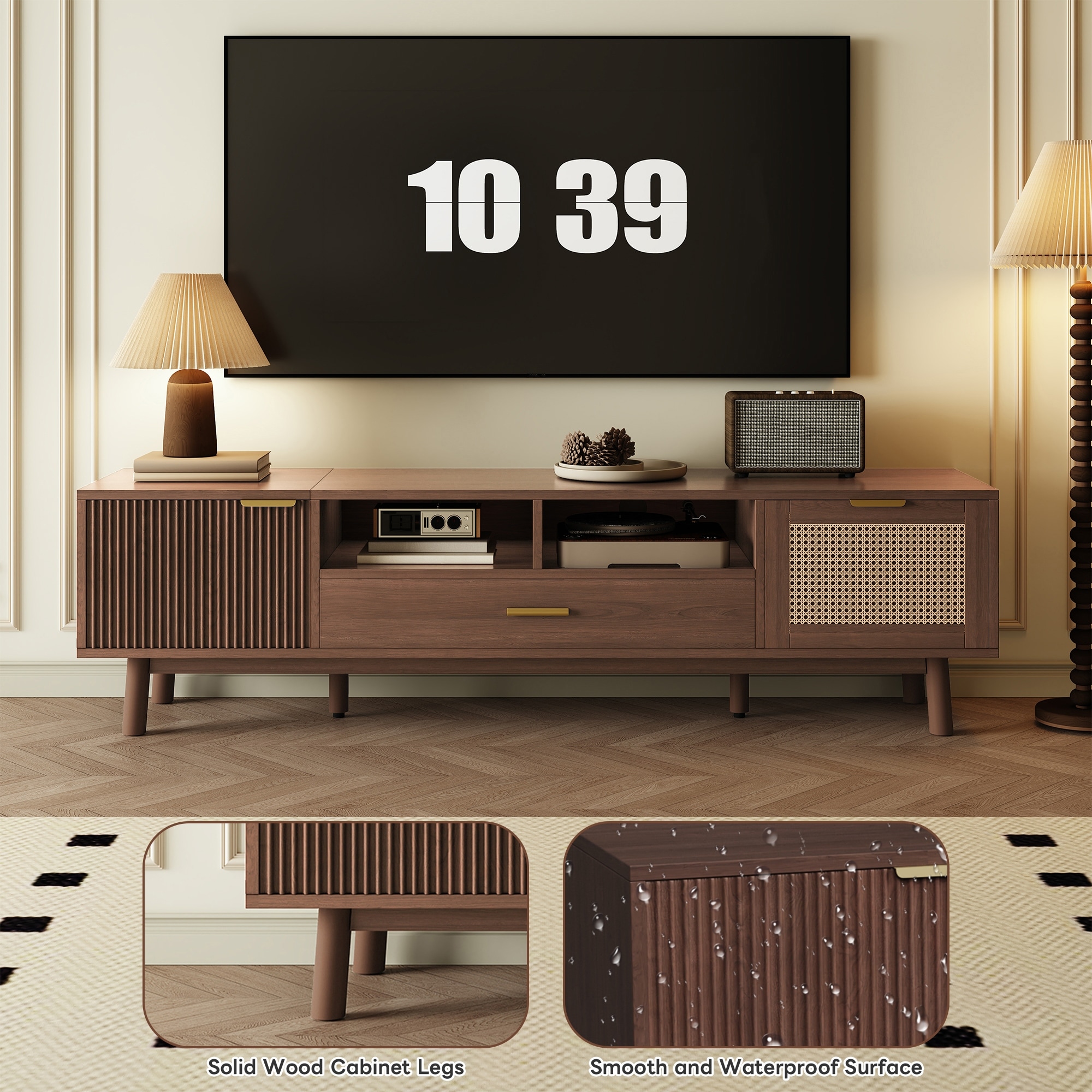 66.9" Modern Wood TV Stand for 75 Inch TVs, Media Console with Soft-Close Doors, Rattan Drawer & Drop-Down Cabinet