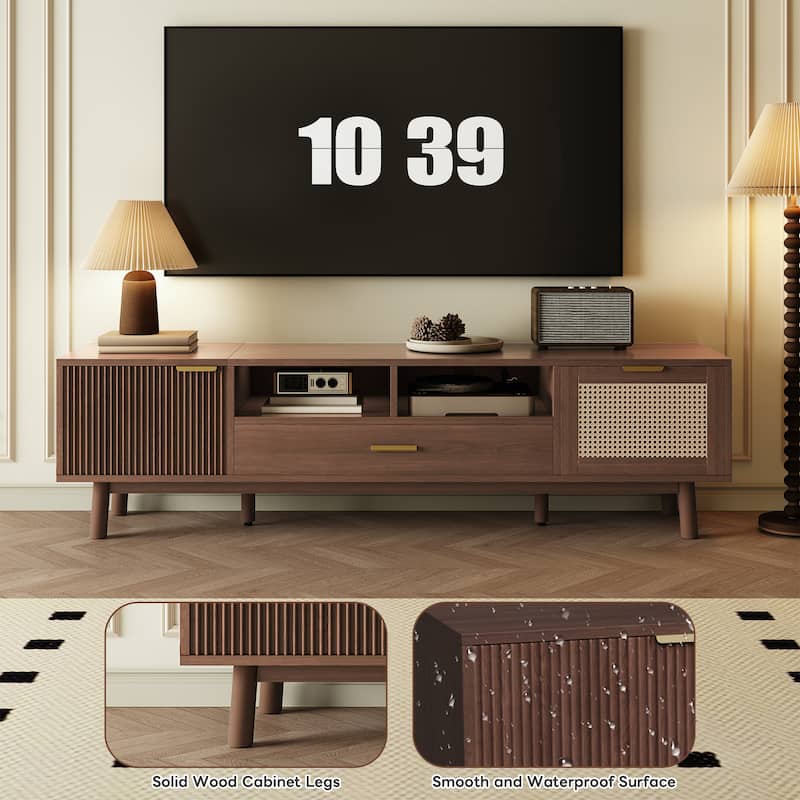 66.9" Modern Wood TV Stand for 75 Inch TVs, Media Console with Soft-Close Doors, Rattan Drawer & Drop-Down Cabinet - Dark Brown