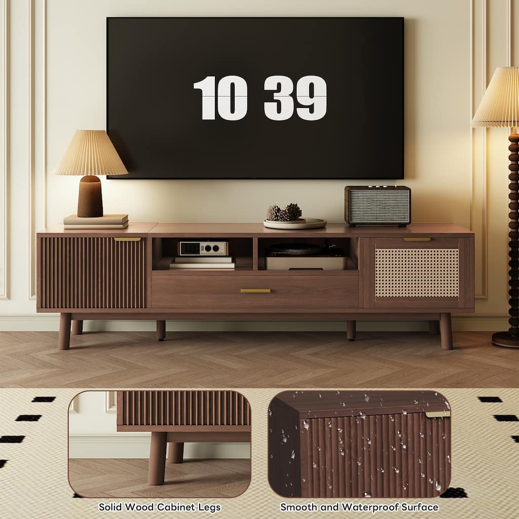 66.9" Modern Wood TV Stand for 75 Inch TVs, Media Console with Soft-Close Doors, Rattan Drawer & Drop-Down Cabinet
