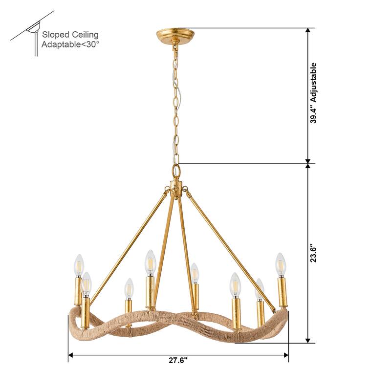 Modern Farmhouse Gold Natural Jute Large Candle Chandelier - 27.6 in. D x 27.6 in. W x 23.6 in. H
