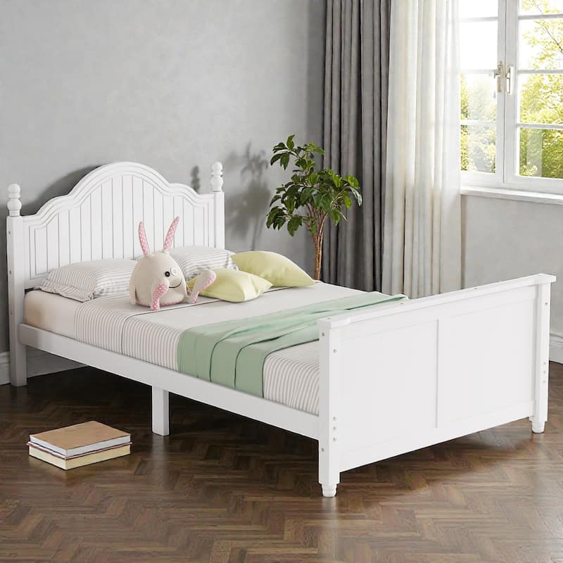 Kids Wooden Platform Bed with Safety Guardrails, Low Profile Bed with Headboard and Footboard