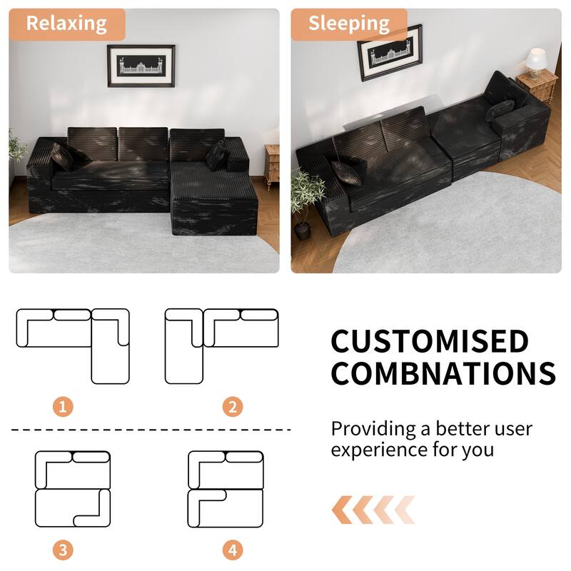 Modland 108”L-Shaped Modular Corduroy Couch with Deep Seats Comfy Sectional Sofa for Living Room