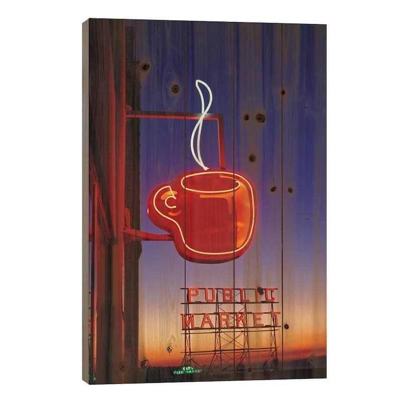 Coffee Cup & Public Market Neon Signs, Pike Place Market, Seattle, Washington, USA Print On Wood by Paul Souders - Multi-Color - 40x26x1.5