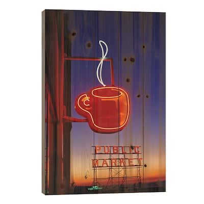 Coffee Cup & Public Market Neon Signs, Pike Place Market, Seattle, Washington, USA Print On Wood by Paul Souders - Multi-Color