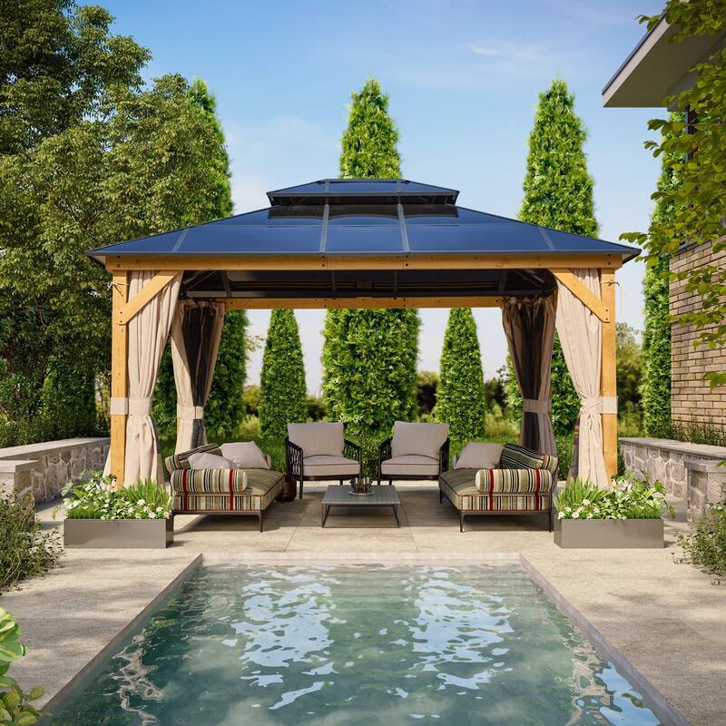 EROMMY Outdoor Wood Gazebo with Double Polycarbonate Roof, Heavy Duty Backyard Patio Pergola Canopy for Garden Shade