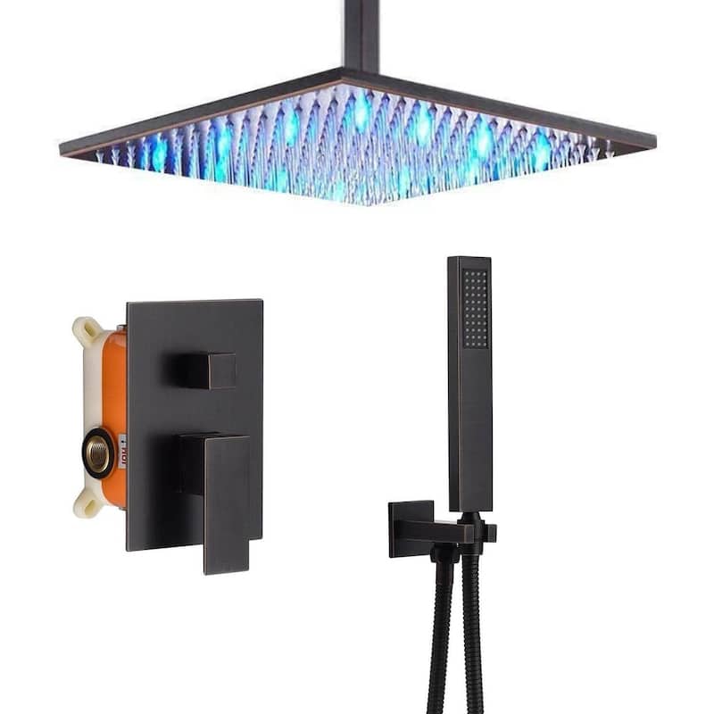 oil rubbered bronze ceiling mount 2 way 3 LED light rain shower faucet with handle sprayer - 7'6" x 10'9"