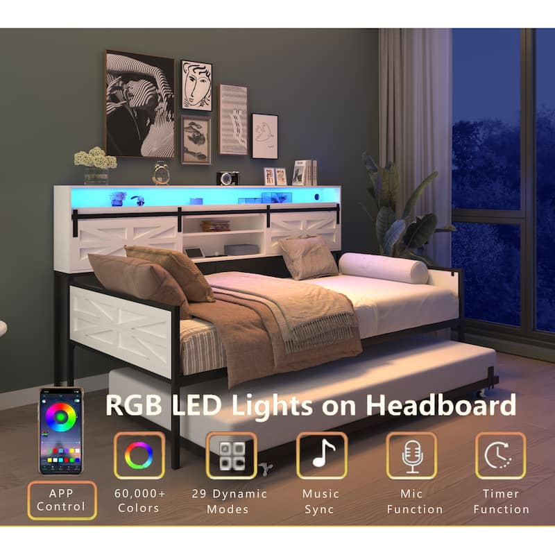 Twin Daybed with Trundle, Farmhouse Barn Door Headboard, Storage Shelf, Charging Station & LED Lights