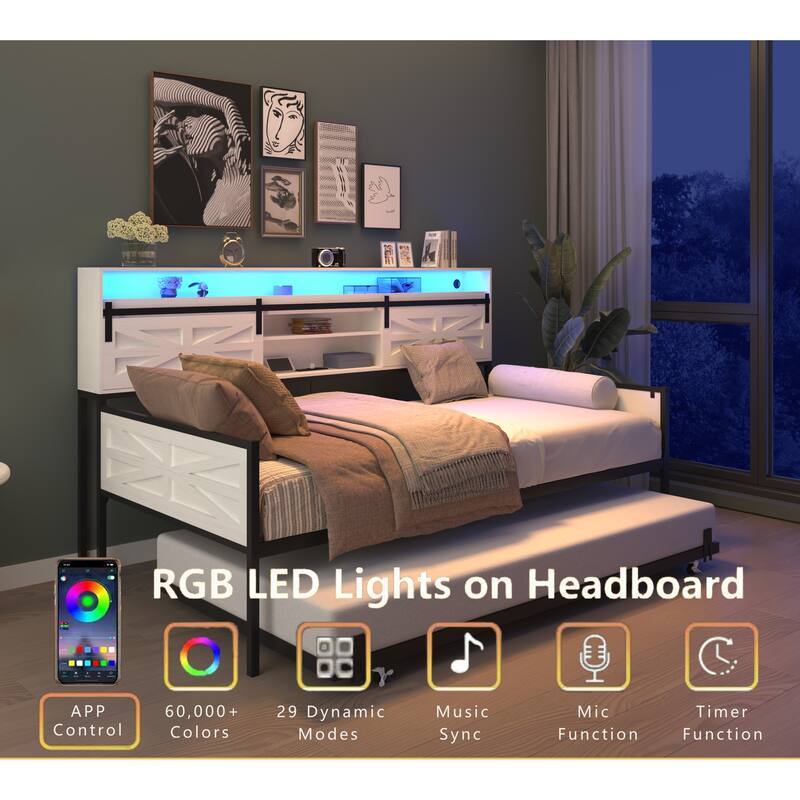 Twin Daybed with Trundle, Farmhouse Daybed Frame with Sliding Barn Door Headboard and Charging Station & LED Light