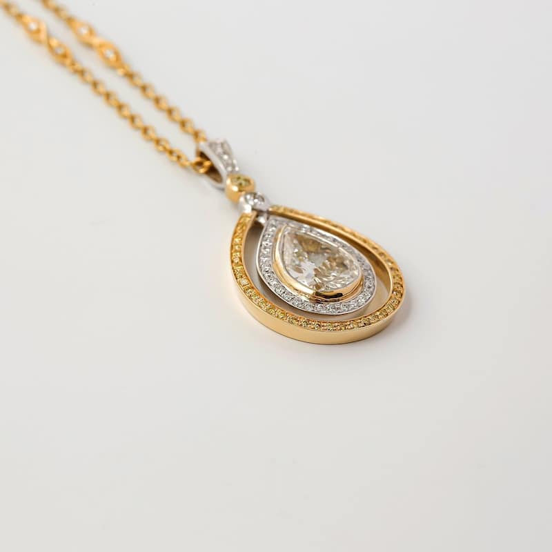 Kobelli 2.45 Carat Natural Fancy Yellow Diamond GIA Certified 18k Solid Two-Tone Gold Orbit Halo Pear Circuit Necklace - White