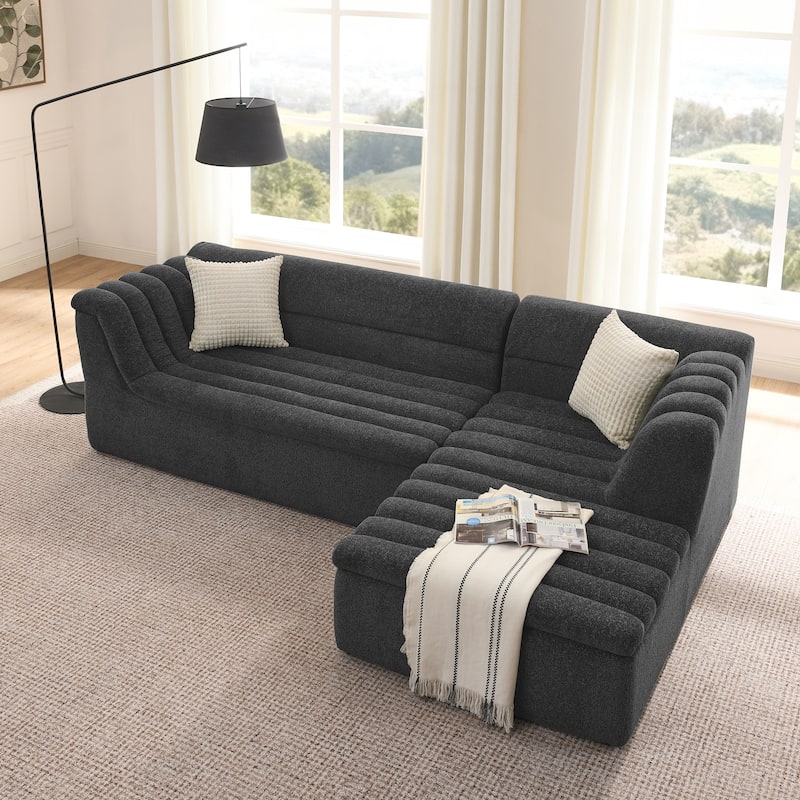 Roomfitters L-Shaped Modular Sectional Sofa with Chaise, Chenille Upholstery and Wave-Shaped Armrest - Black