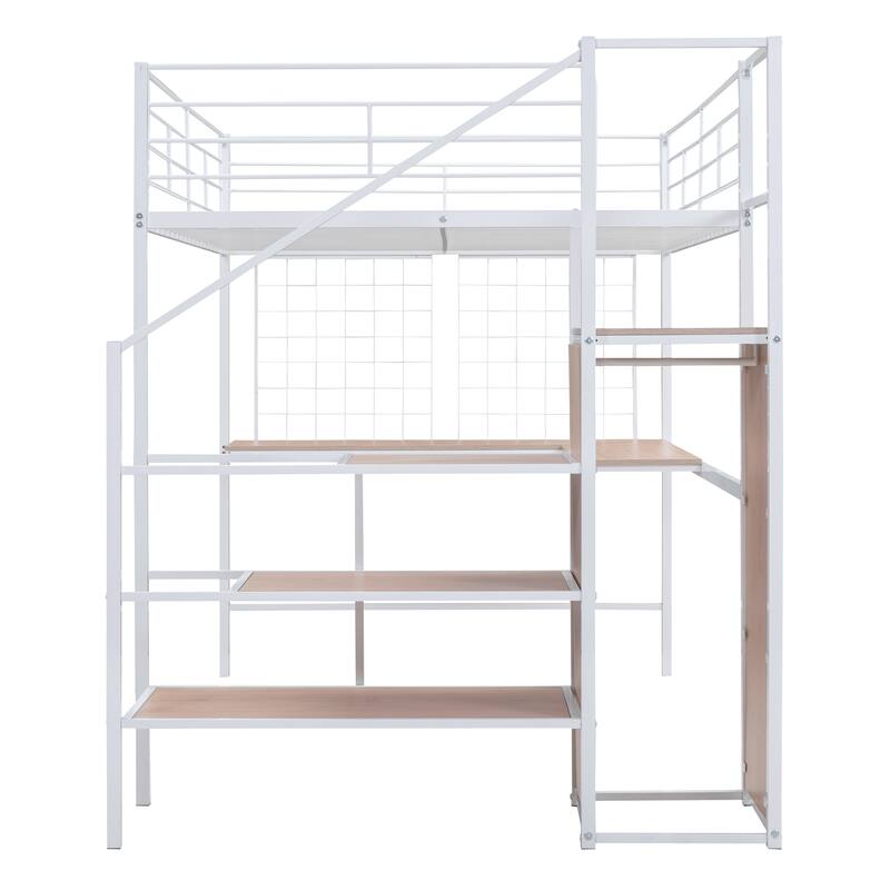 Full Size Metal Loft Bed with Desk and Metal Grid, Stylish Metal Frame Bed with Lateral Storage Ladder and Wardrobe