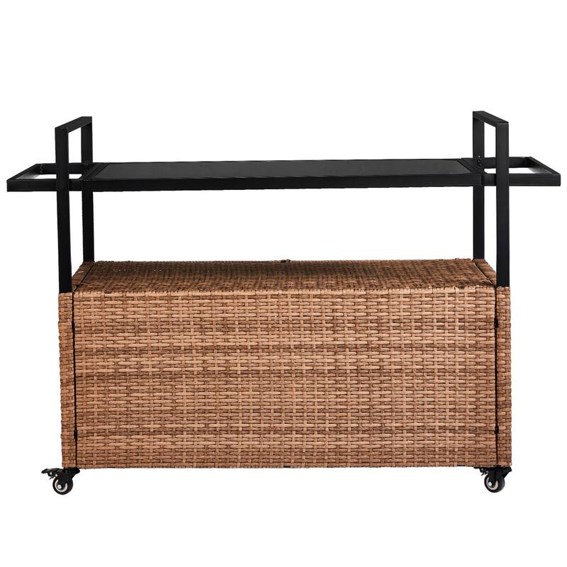 Outdoor Wicker Bar Cart Table with Storage and Wheels - 51.2" x 19.7" x 35.4"