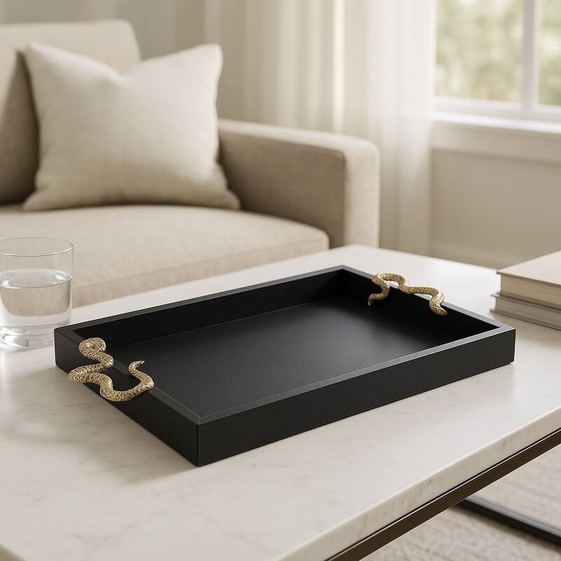 Faux Leather Snake Decorative Tray - Black/Gold, 21.75"