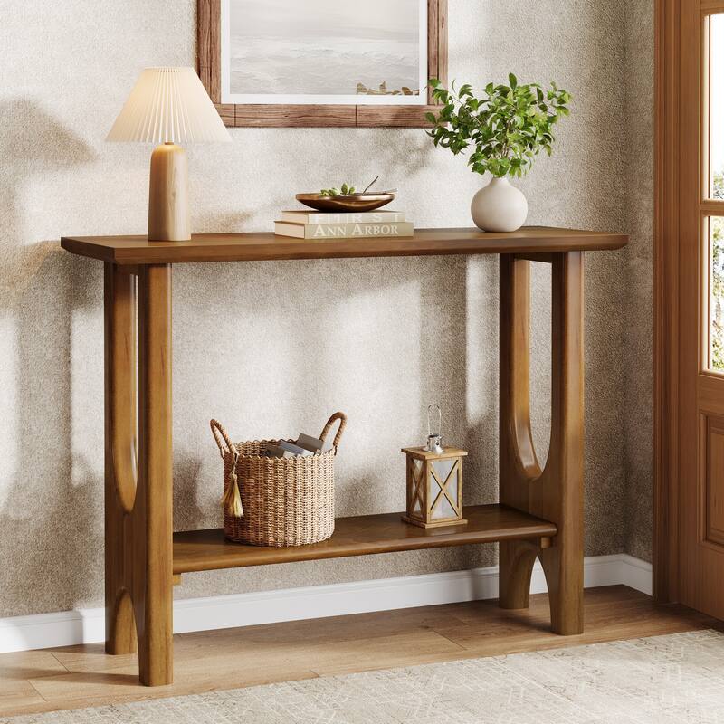 2-Tier Console Table with Shelf, Entryway Table with Solid Wood Legs - Walnut