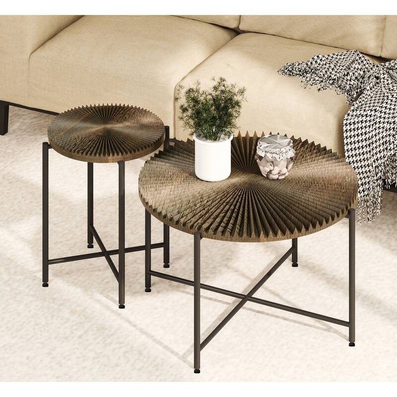 2-Piece Coffee and End Table Set - Waterproof MDF with PVC Cover, Distressed Cylindrical Design
