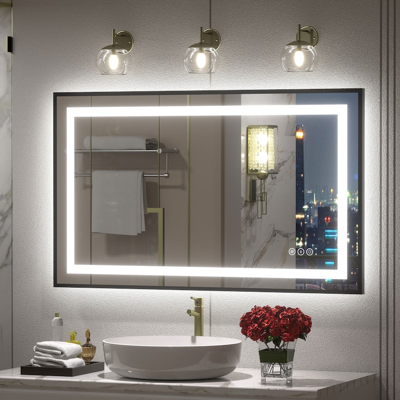 Black Metal Framed LED Front Light and Backlit Anti-Fog Wall Bathroom/ Vanity Mirror - 40" x 24"-Square Corner - Black