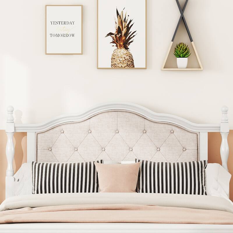 Queen Pine Wooden Bed w/ Panel Footboard w/ 2 Bed Rail Support Feet & Central Platform Support Feet, Walnut