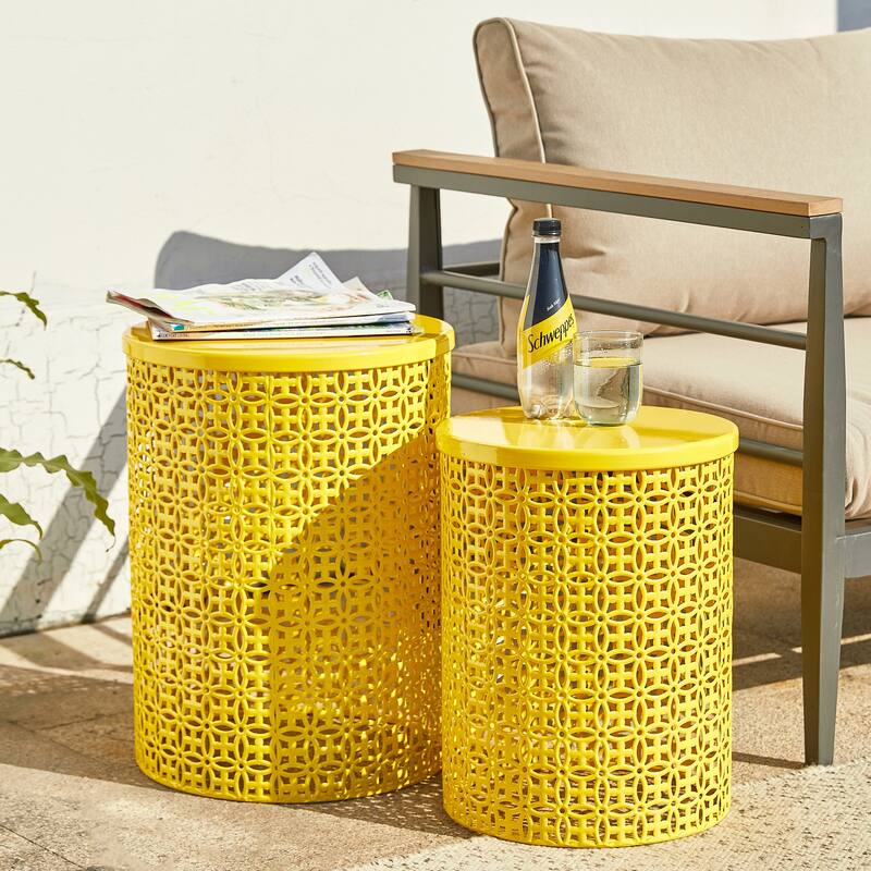 Glitzhome Set of 2 19.25"H & 16.5"H Multi-functional Metal Outdoor Table Garden Stool