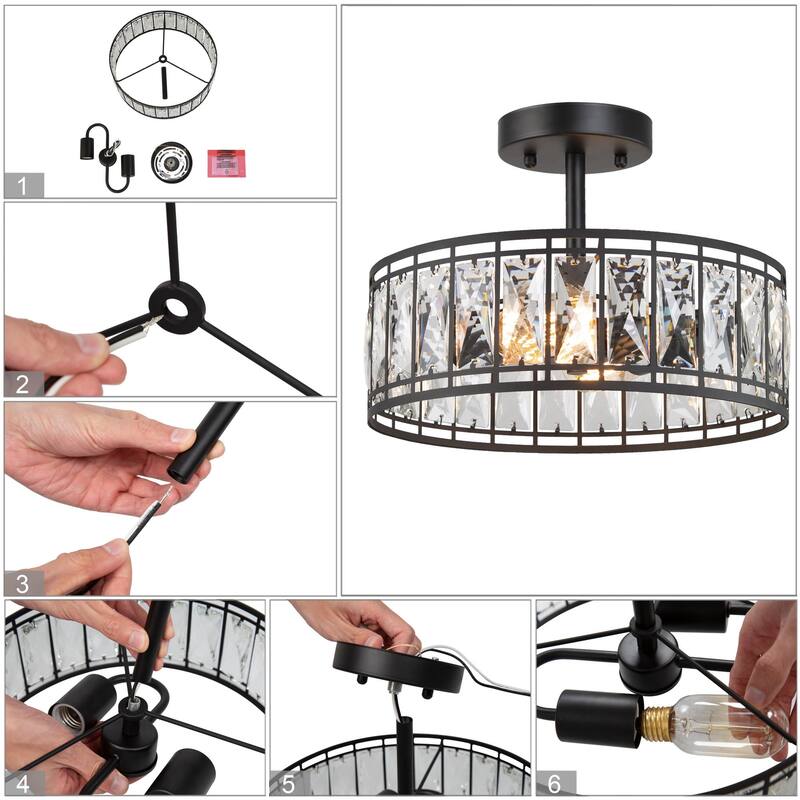 Modern Glam 2-Light Crystal Metal Drum Semi Flush Mount Light - D 12.5"x H 9.5"