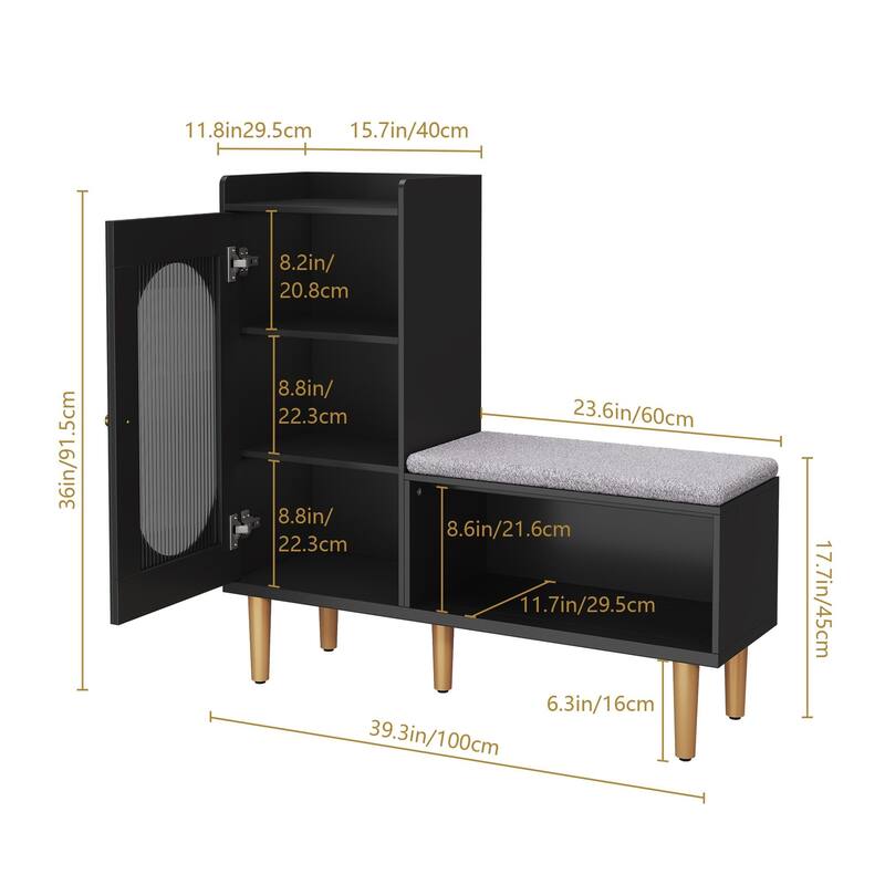 L-Shaped Shoe Storage Bench with Padded Seat, Modern Organizer with Glass Door and Shelf