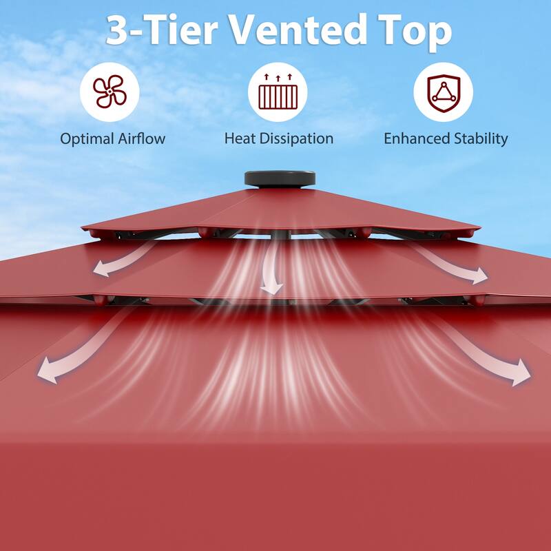 10FT Polyester Patio Umbrella with Solar Lights and Tilt Crank 3-Tier Vented Shade for Backyard
