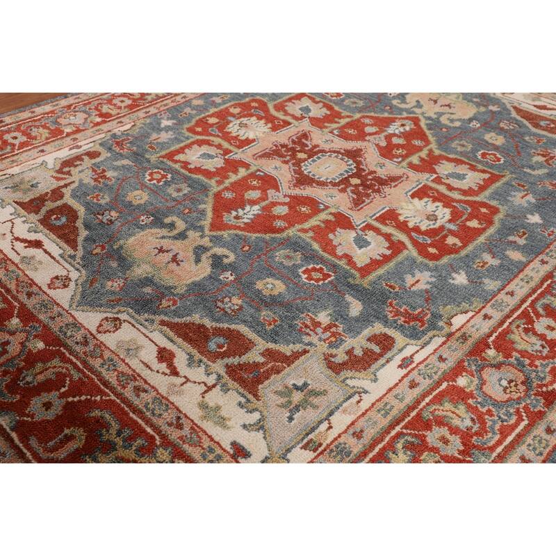 Blue & Orange Heriz Serapi Indian Area Rug Hand-Knotted Wool Carpet - 7'11"x 9'10"