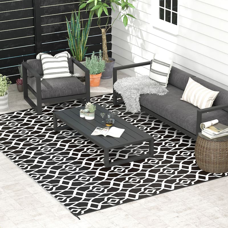 Outsunny Reversible Outdoor Rug, 9' x 12' Waterproof Plastic Straw Floor Mat, Portable RV Camping Carpet - Black
