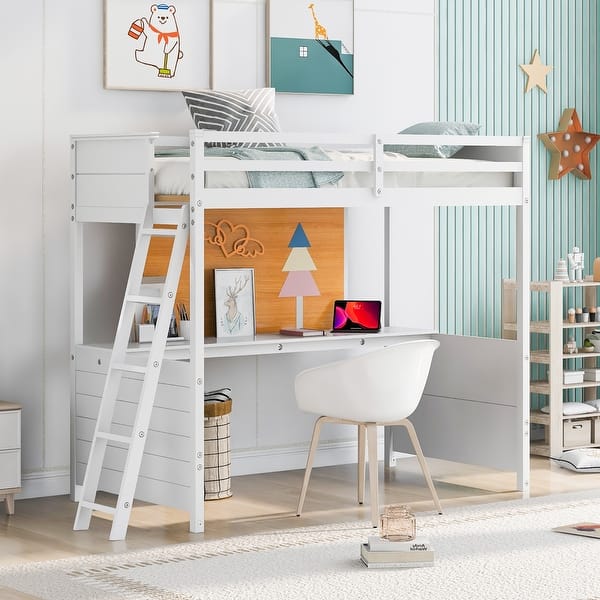 slide 2 of 9, Solid Construction Twin size Loft Bed with Desk and Writing Board, Wooden Loft Bed White