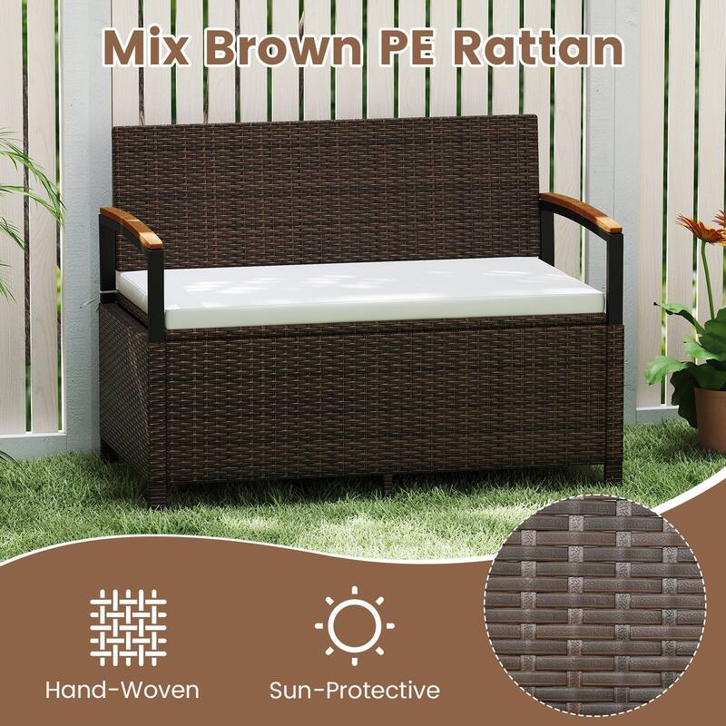 Gymax Outdoor Storage Bench w/Cushion Backrest & Acacia Wood Armrests