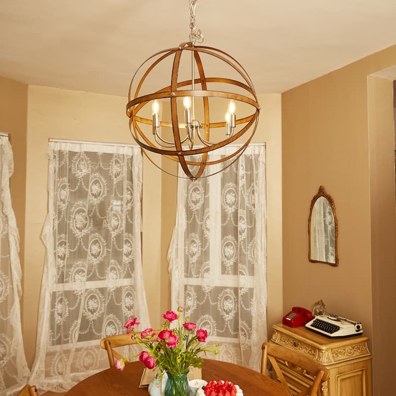 6-Light Barnwood And Brushed Nickle Pendant Lighting - 23.84"x23.84"x26.54"