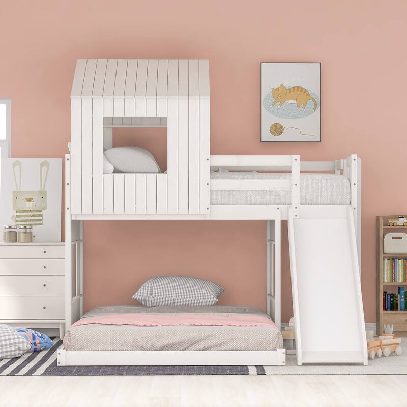 Wooden Twin over Full Bunk Bed with Treehouse Style Loft Bed Bath