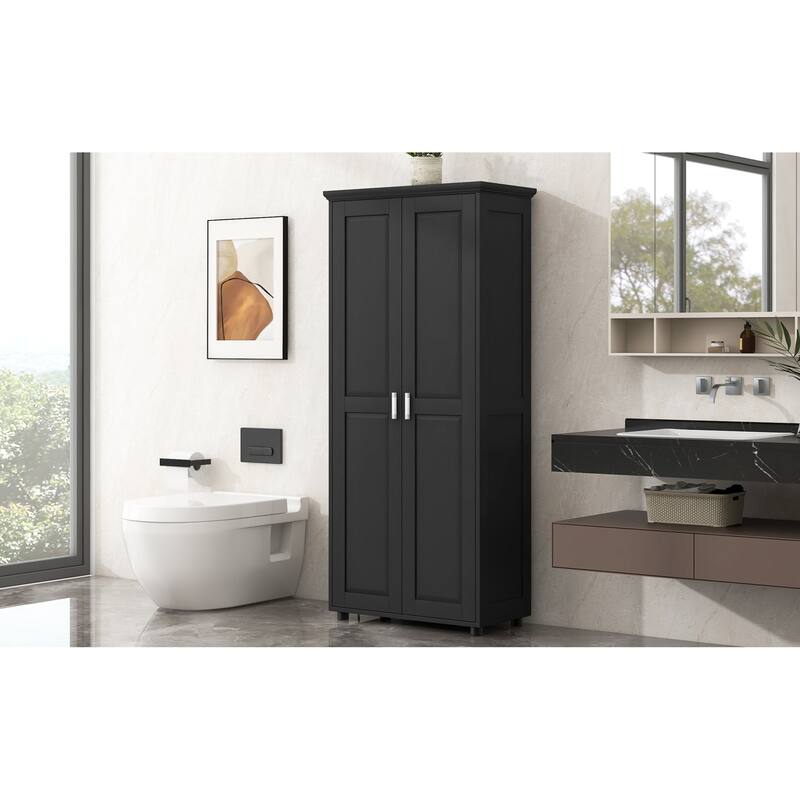 Roomfitters Tall 2-Door Storage Cabinet with 5-Tier Adjustable Shelves, Modern MDF Linen Tower for Bathroom & Office, Black
