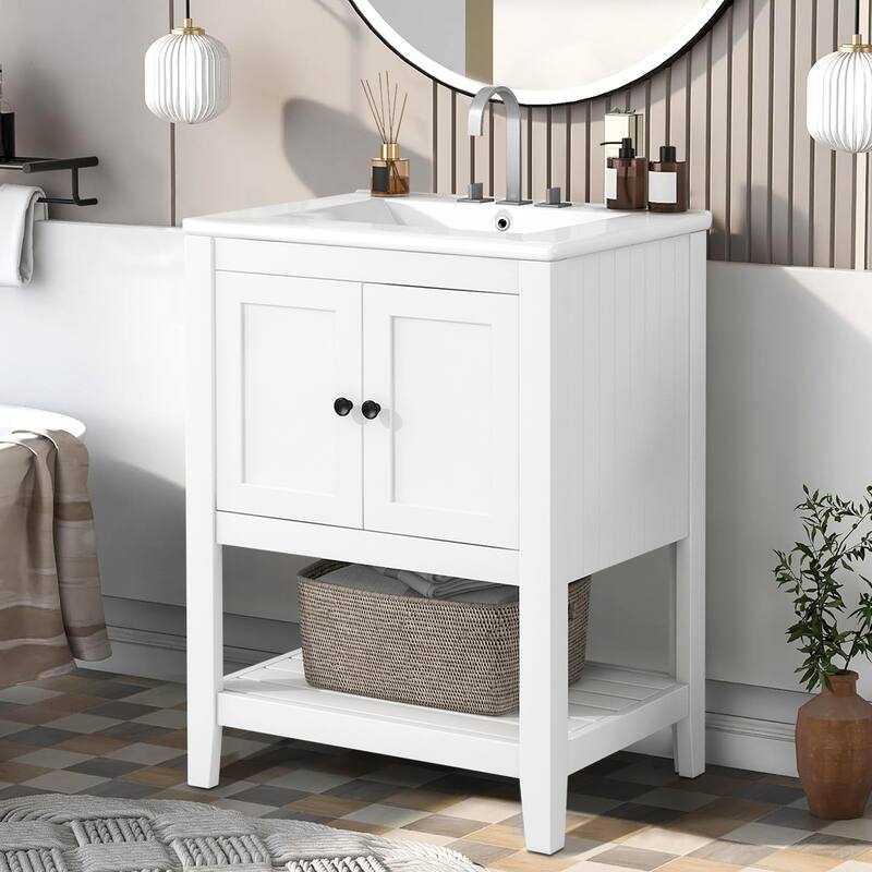 24" Bathroom Vanity Ceramic Sink with Solid Wood Frame Open Style Shelf - White