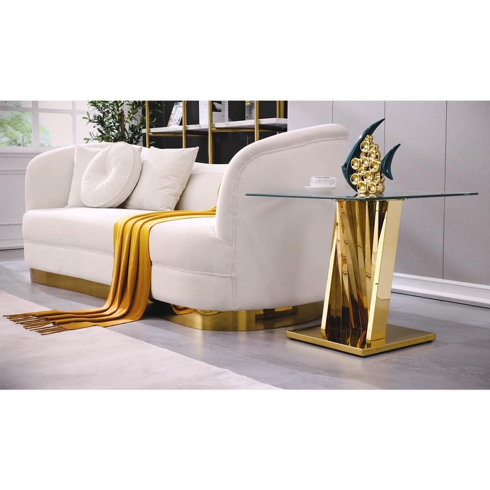 Luxury and Modern Glass End Table with 24 Inch Square Glass Top and Stainless Steel Geometric Base