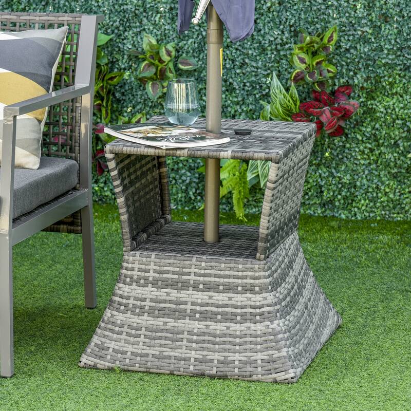 Outdoor Patio Table with Umbrella Hole Mixed Brown PE Wicker Metal Frame for Backyard Poolside Balcony - Mixed Brown