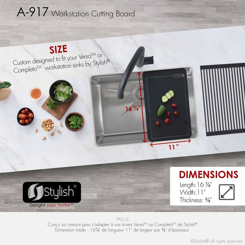 STYLISH Workstation Kitchen Sink Black Cutting Board A-917 - Length: 16 7/8" Width: 11"
